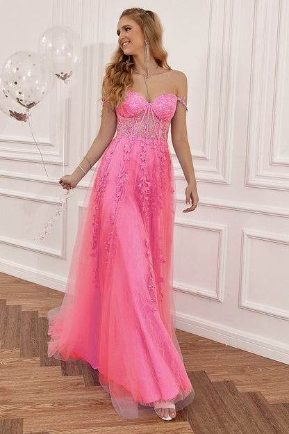 A Line Spaghetti Straps Hot Pink Prom Dress with Appliques