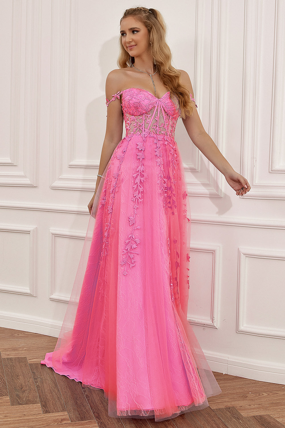 A Line Spaghetti Straps Hot Pink Prom Dress with Appliques