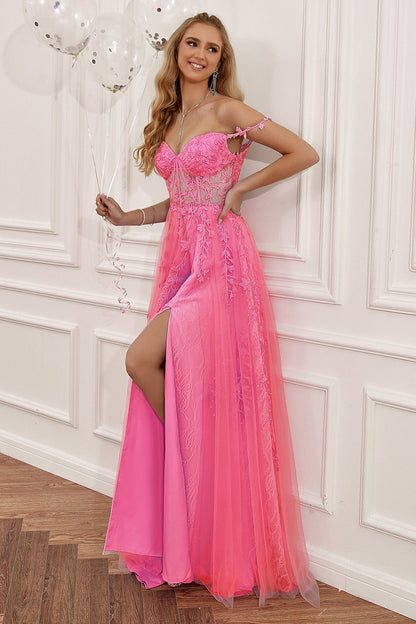 A Line Spaghetti Straps Hot Pink Prom Dress with Appliques