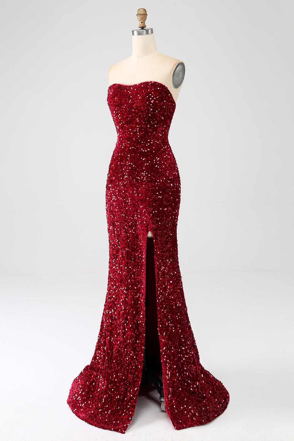 Red Strapless Sequins Long Mermaid Prom Dress With Slit