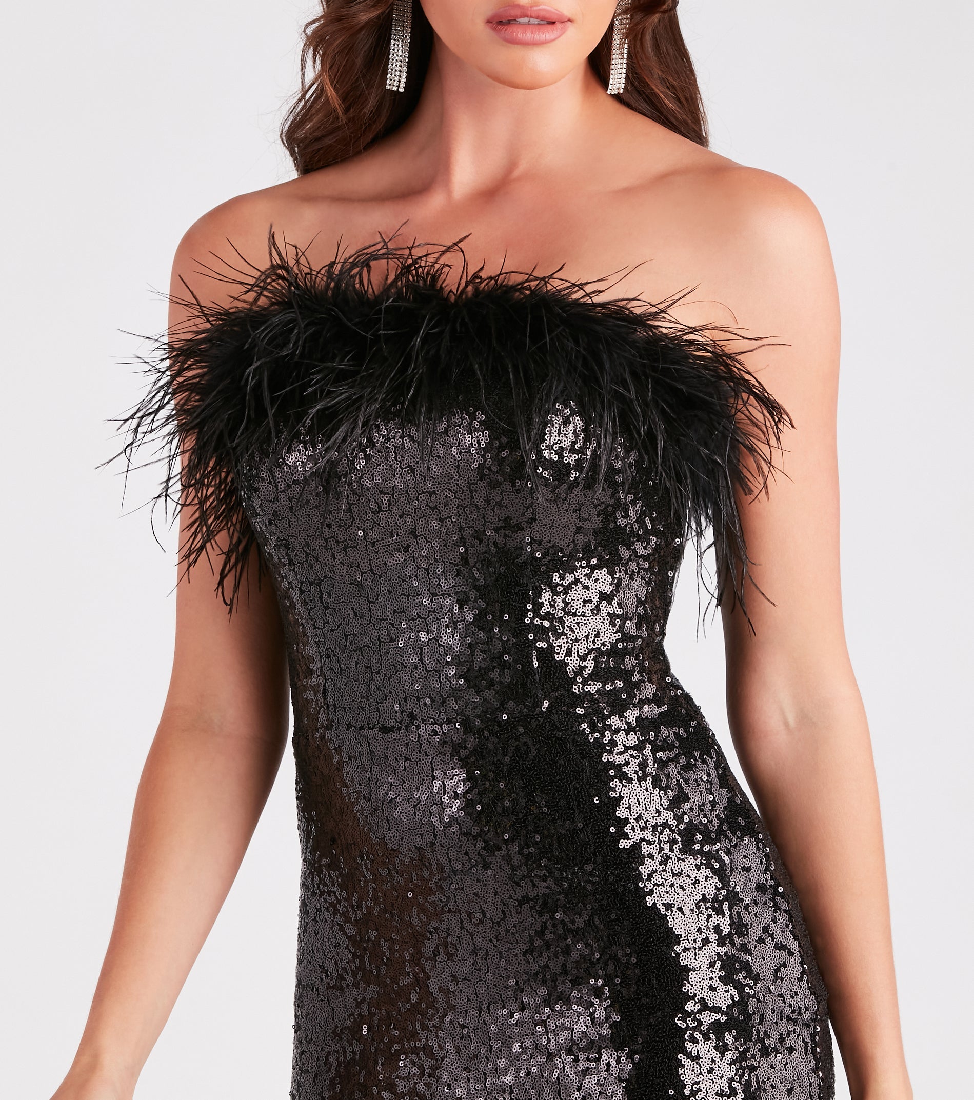 Lorelia Sequin Feather Strapless Party Dress