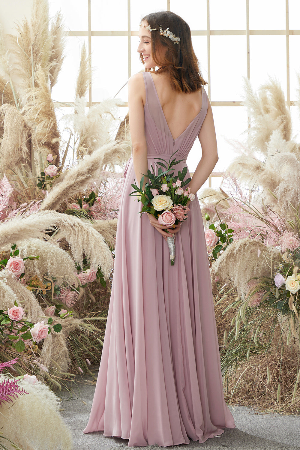 Blush V Neck Long Chiffon Bridesmaid Dress