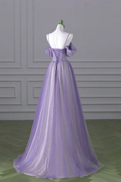 A-line Light Purple Tulle Beaded Long Party Dress, Light Purple Prom Dress