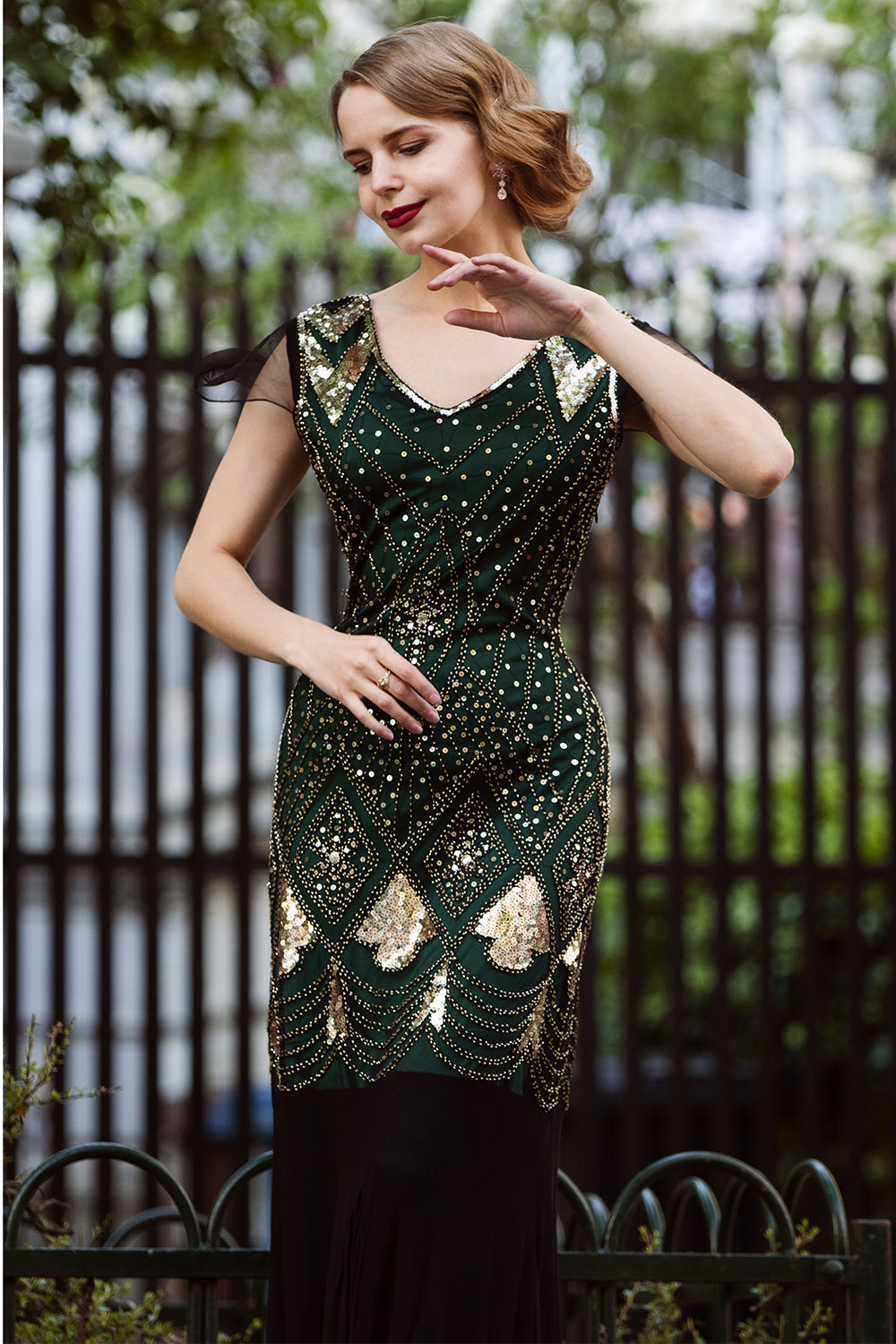 Black and Green 1920s Sequins Flapper Long Dress