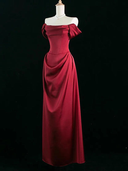 Wine Red Satin Simple Long Party Dress, A-line Wine Red Prom Dress