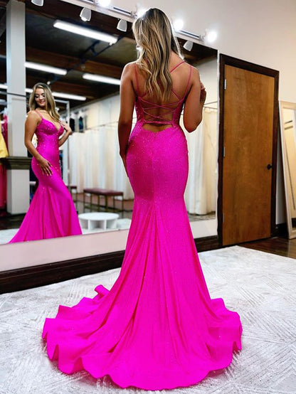 Lilly |Sparkly Mermaid V Neck Beaded Satin Long Prom Dress