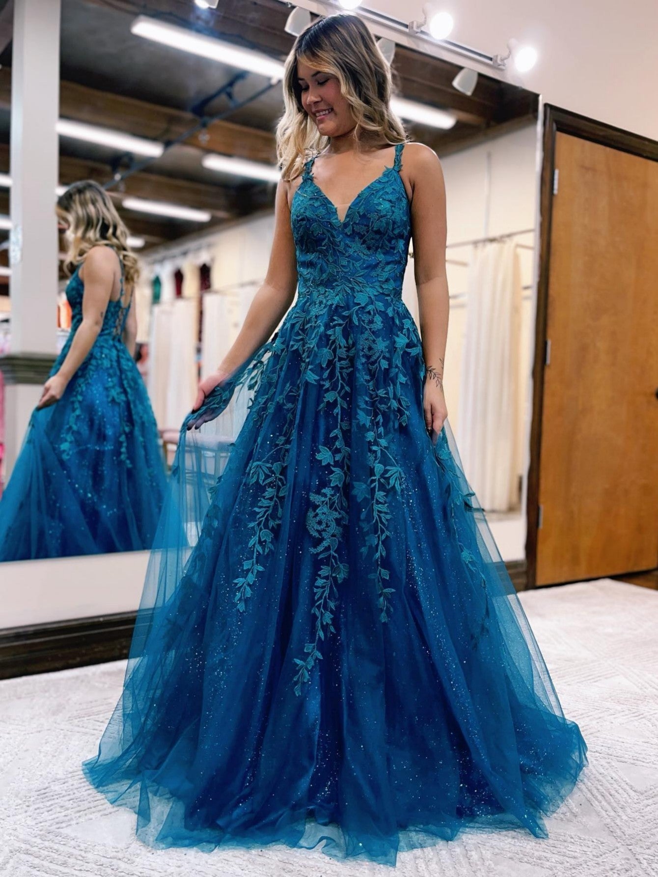 Veronica |A Line Ink Blue Glitter Tulle Lace Prom Dress