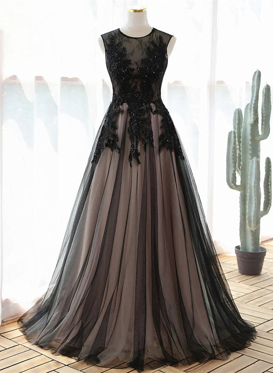 Black and Pink Tulle with Lace Long Formal Dress, A-line Beaded Prom Dress