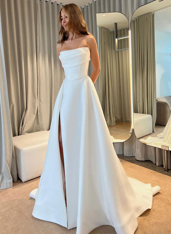 Ball-Gown Strapless Sleeveless  Sweep Train Satin Wedding Dresses With Split Front