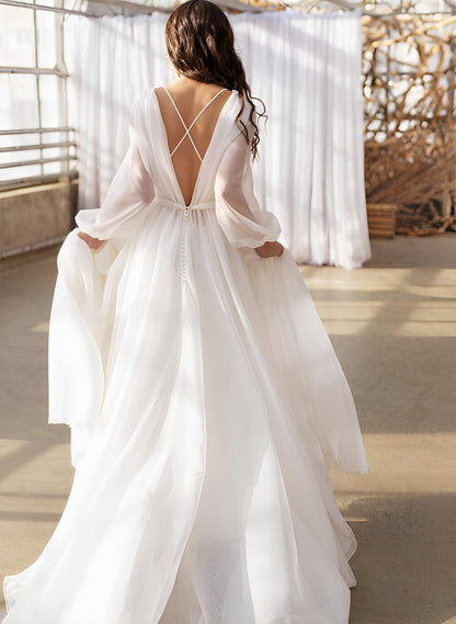 A-Line Illusion Neck Long Sleeves Sweep Train Chiffon Wedding Dresses