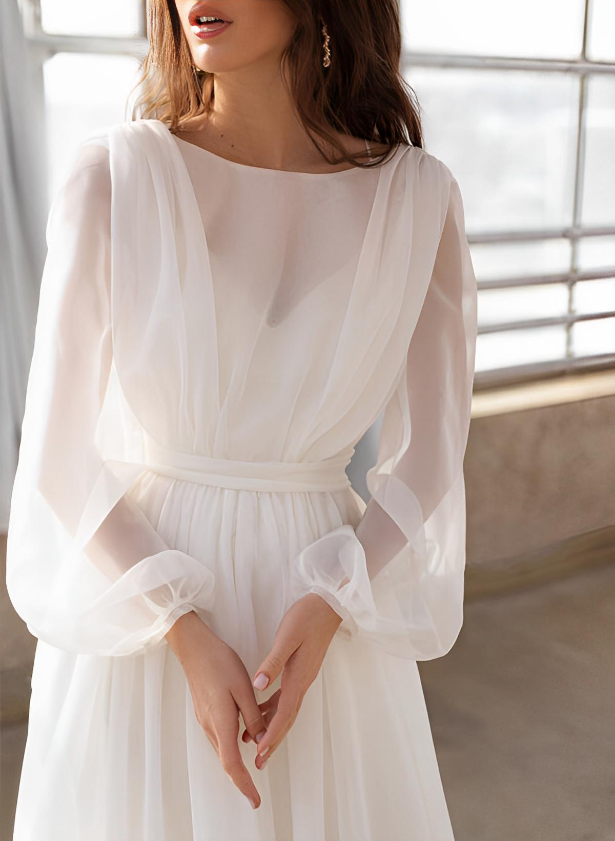 A-Line Illusion Neck Long Sleeves Sweep Train Chiffon Wedding Dresses