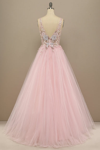 Gorgeous Deep V Neck Grey/Pink Prom Dress with Appliques