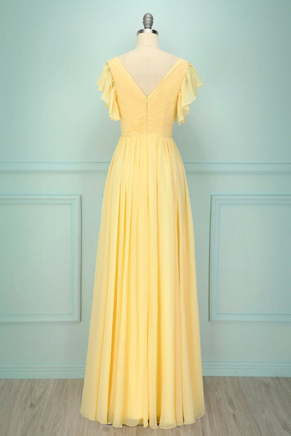 Yellow V-neck Long Bridesmaid Dress