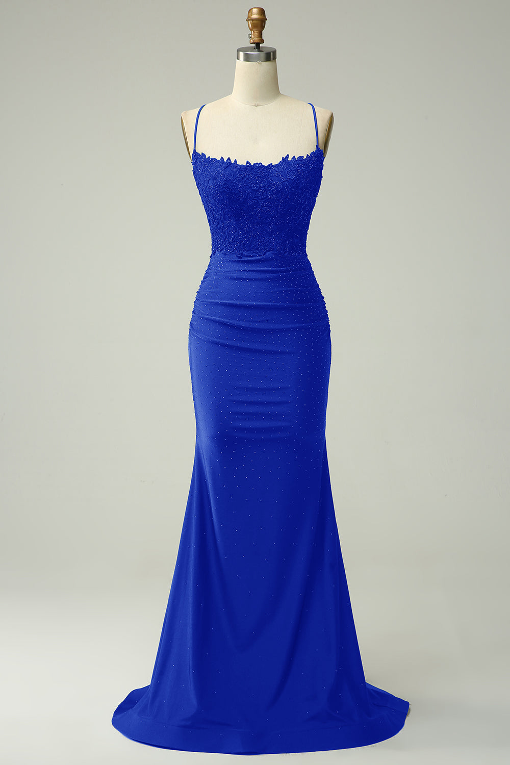 Trendy Mermaid Halter Neck Royal Blue Long Prom Dress with Appliques Beading