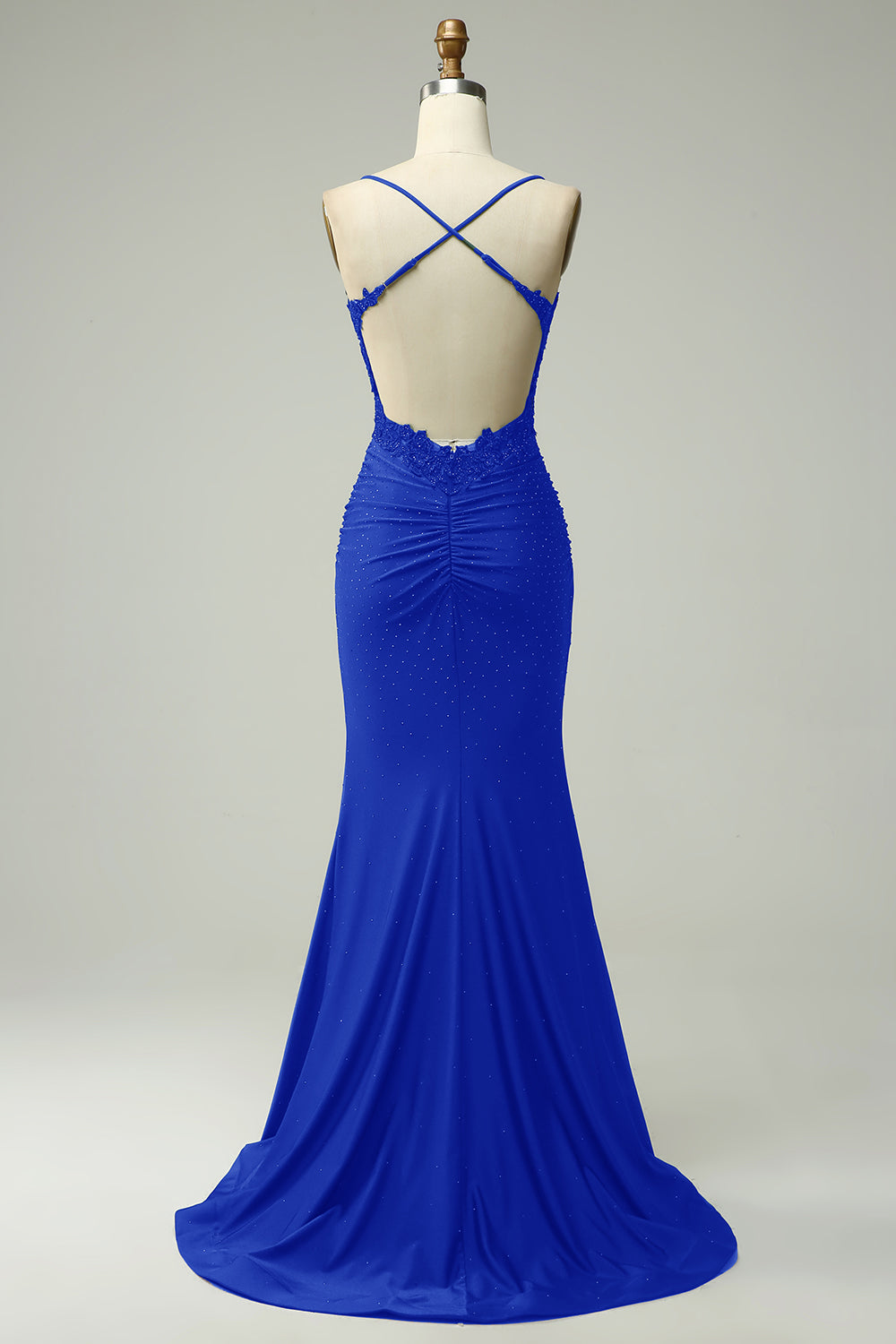 Trendy Mermaid Halter Neck Royal Blue Long Prom Dress with Appliques Beading