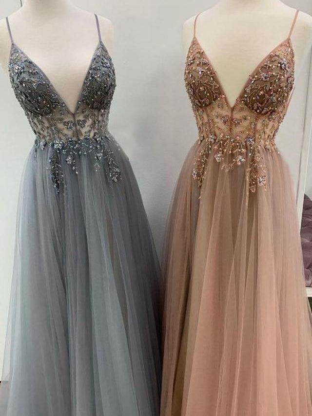 Eye-catching Illusion Prom Dresses Tulle Spaghetti Straps A-line Formal Gowns