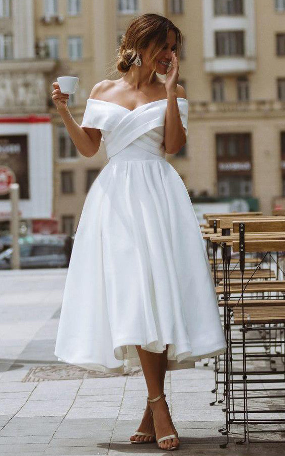 A-Line Satin Tea Length White Off the Shoulder Wedding Dress