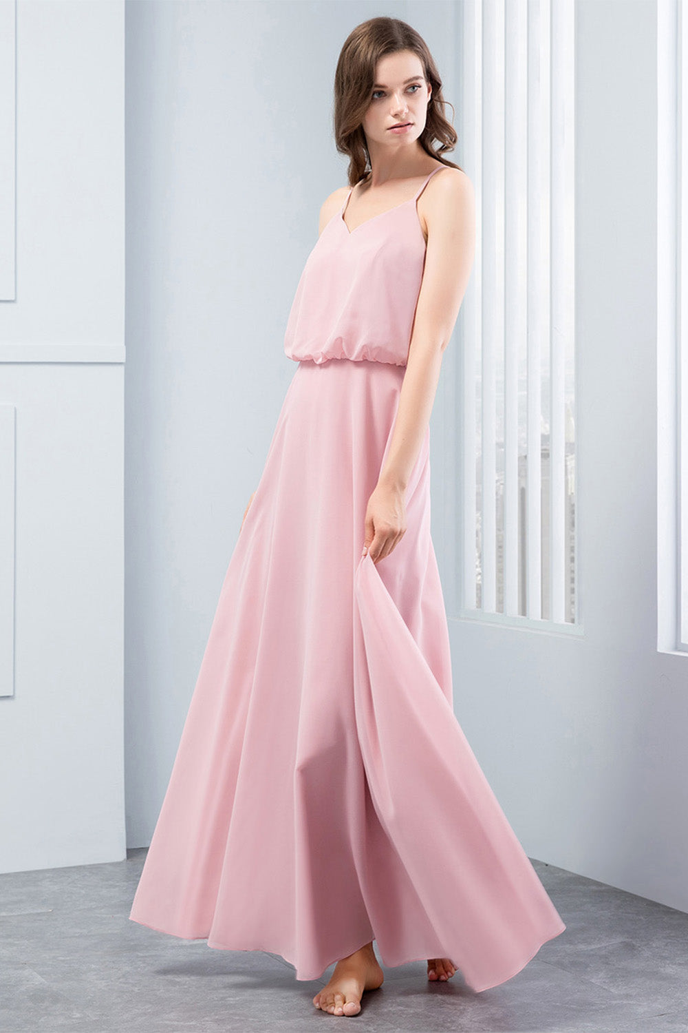 Simple Spaghetti Straps Blush Bridesmaid Dress