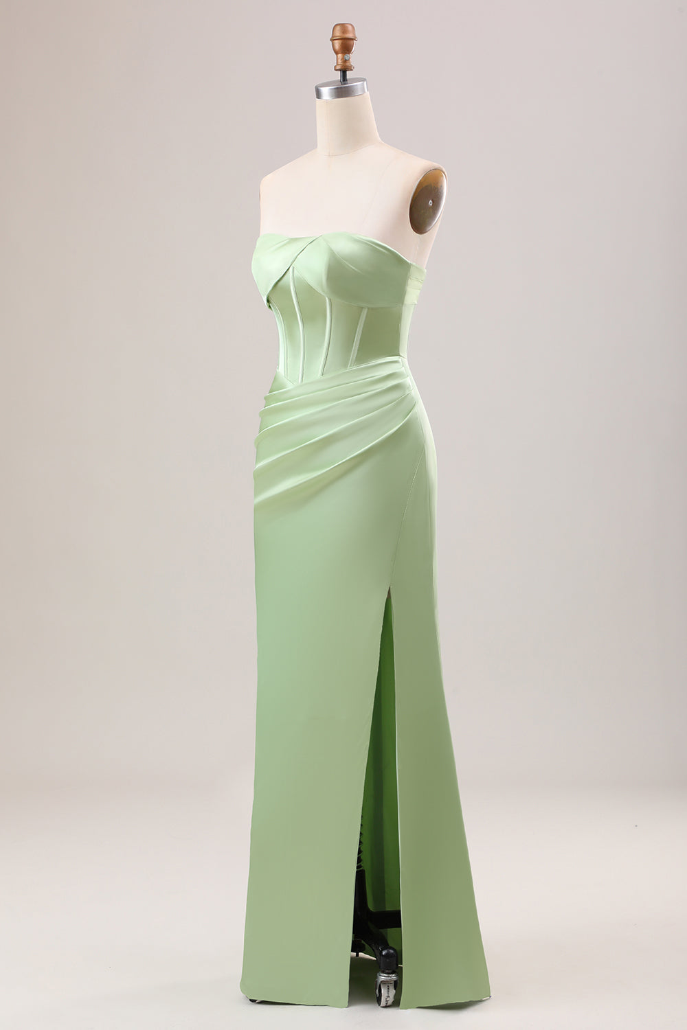 Green Sheath Corset Strapless Long Bridesmaid Dress With Slit