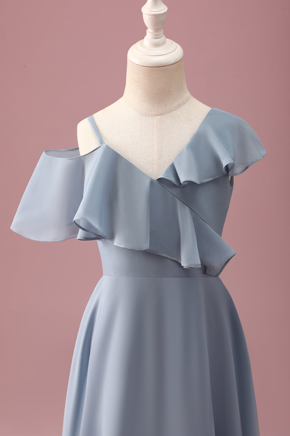 Dusty Blue High-Low Chiffon Junior Bridesmaid Dress with Ruffles