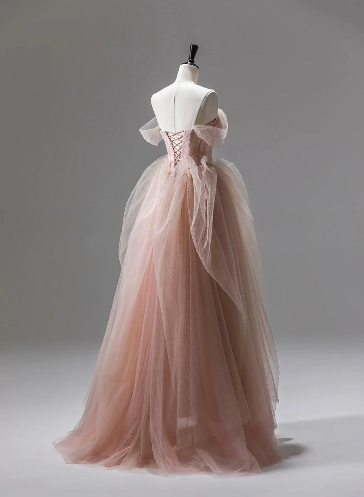 Pink Tulle Sweetheart Beaded Long Formal Dress, Pink Tulle Prom Dress