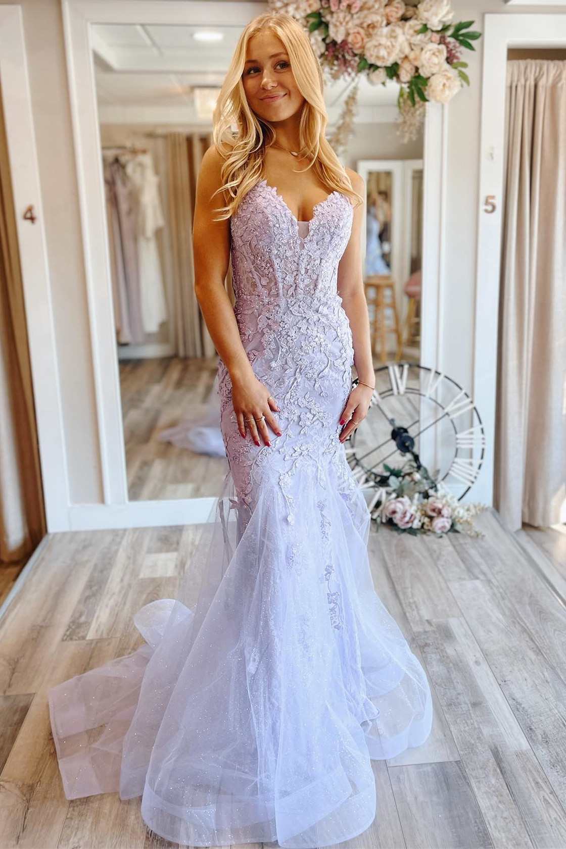 Leighton |Mermaid V neck Lace Glitter Tulle Prom Dress