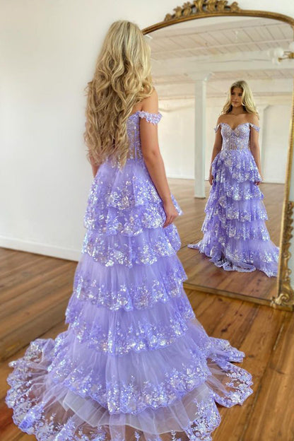Princess A Line Off the Shoulder Corset Prom Dress with Lace Ruffles