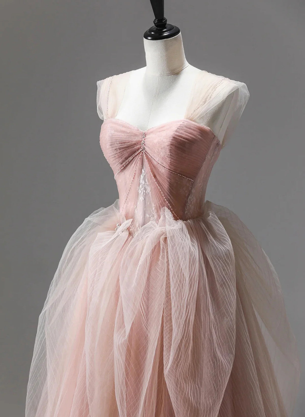 Pink Tulle Sweetheart Beaded Long Formal Dress, Pink Tulle Prom Dress