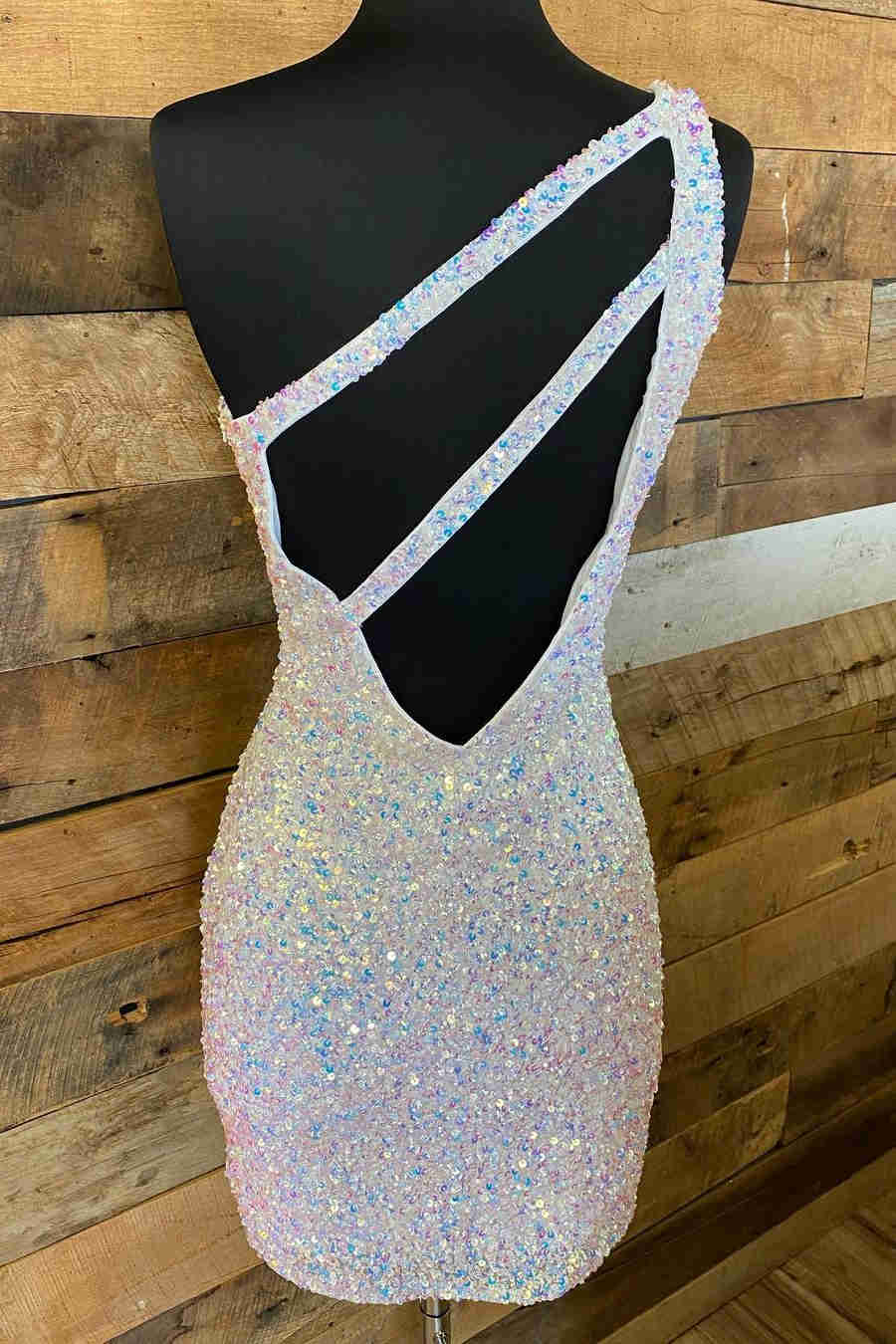 Magdalene |Sparkly Bodycon One Shoulder Sequins Short Homecoming Dress with Keyhole