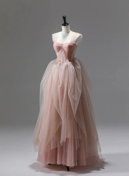 Pink Tulle Sweetheart Beaded Long Formal Dress, Pink Tulle Prom Dress