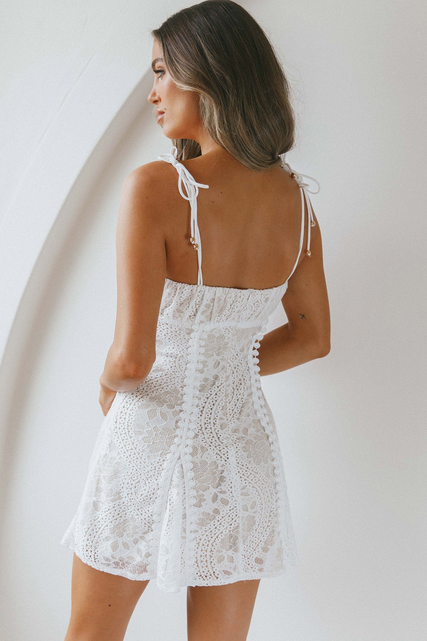 Promise Me Ruched Bust Godet Dress Lace White