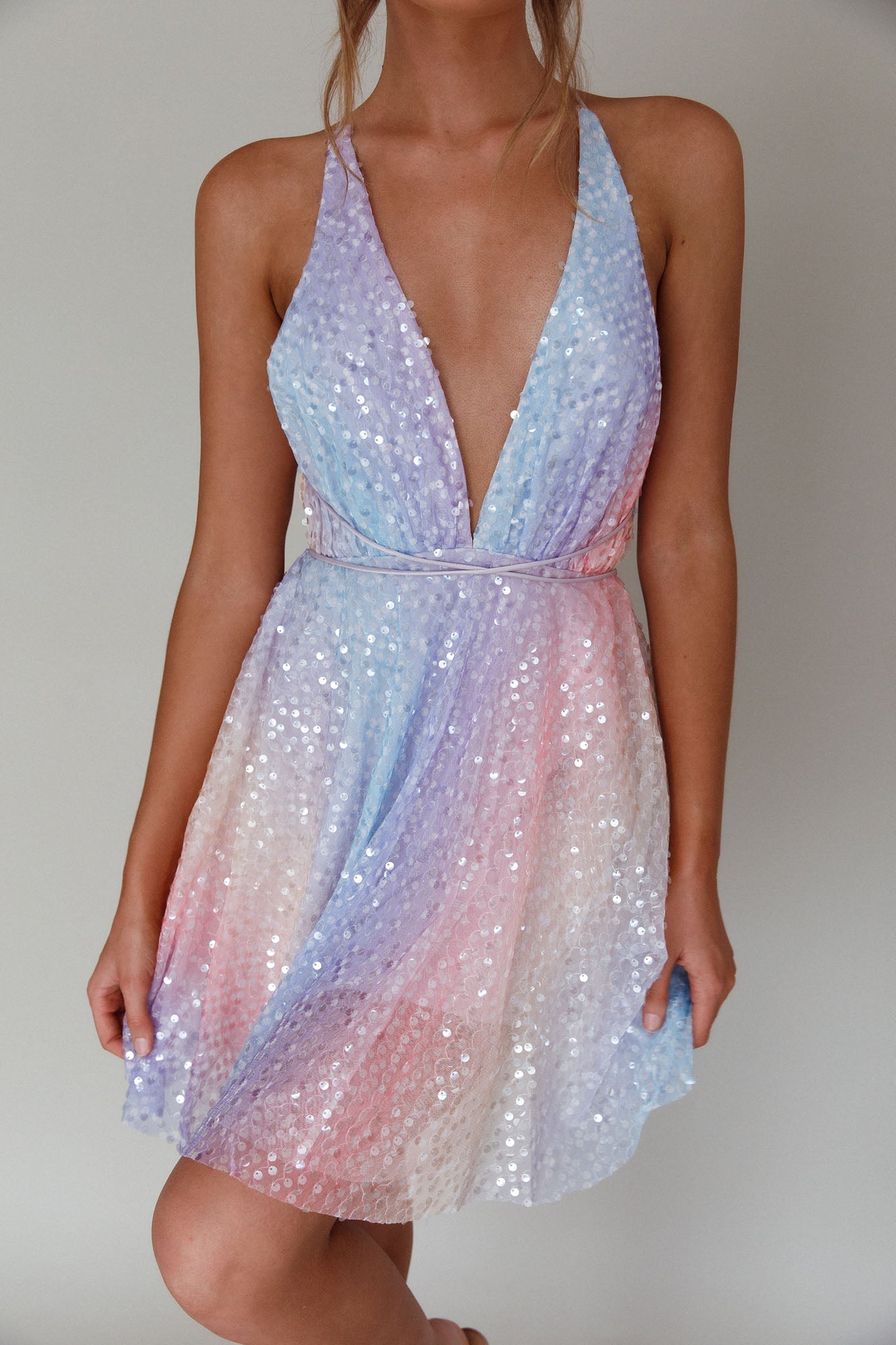 Floating By Plunging Neckline Mini Dress Sequin Rainbow