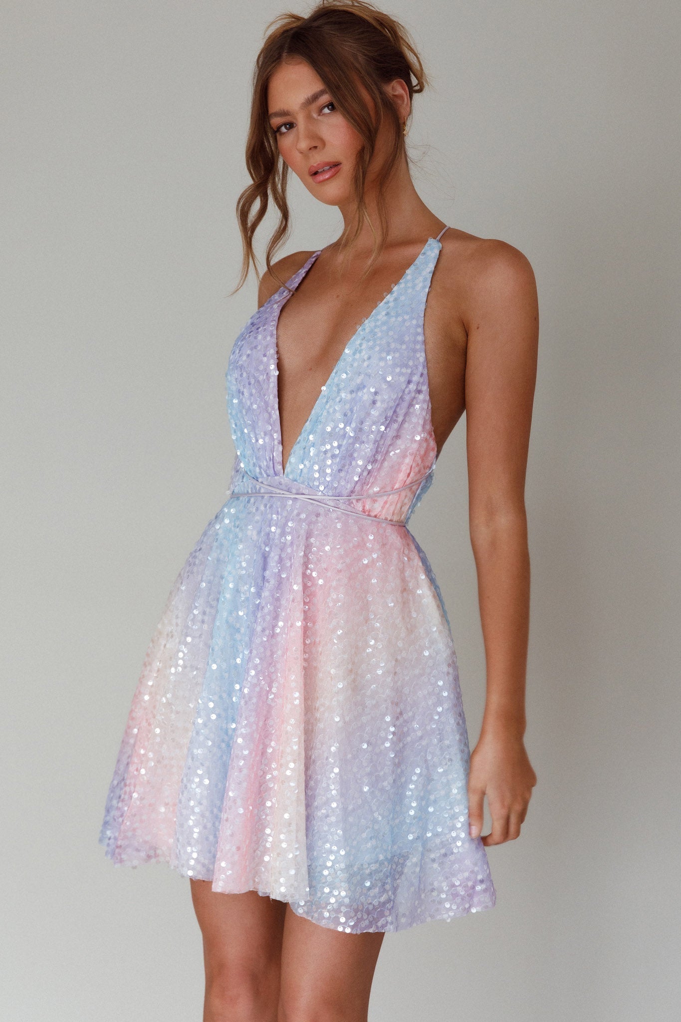 Floating By Plunging Neckline Mini Dress Sequin Rainbow