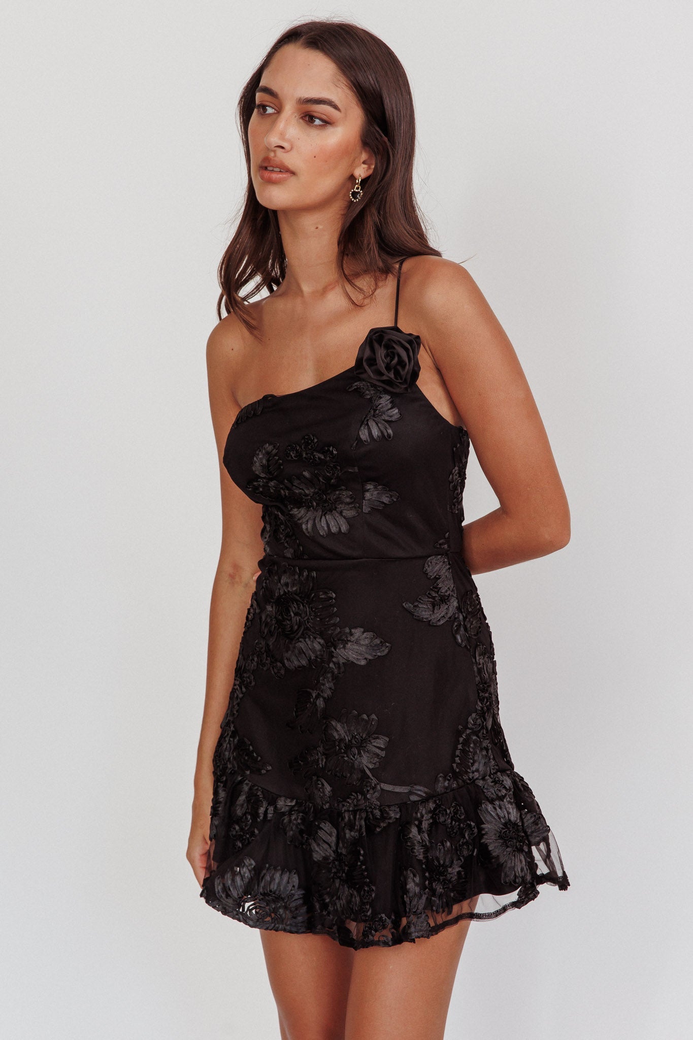 Lilah One-Shoulder Embellished Rosette Dress Black