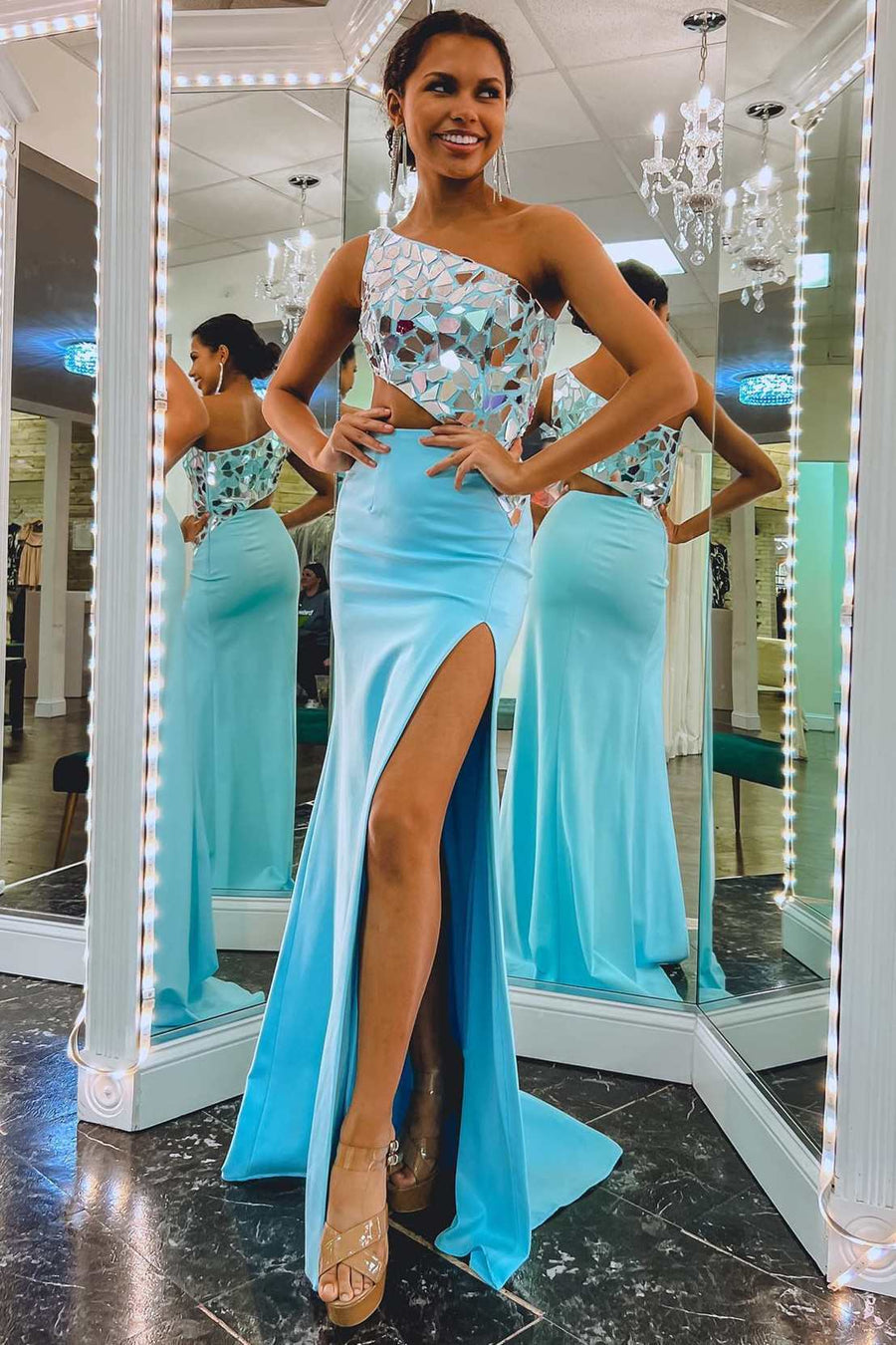 Ashley |Sheath One Shoulder Cut Mirror Sequins Prom Dress