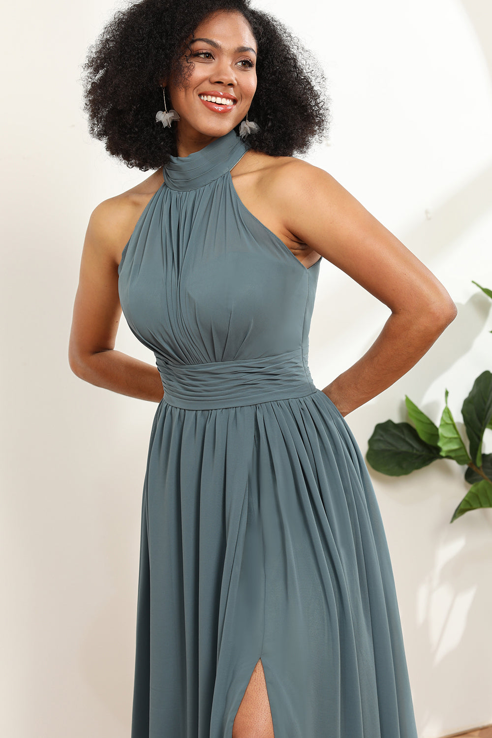 Grey Halter Neck Long Bridesmaid Dress