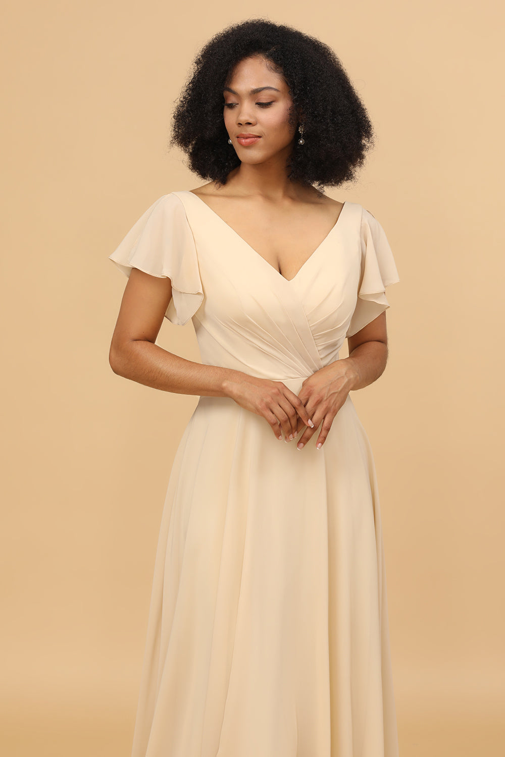 Champagne Cap Sleeves Long Chiffon Bridesmaid Dress