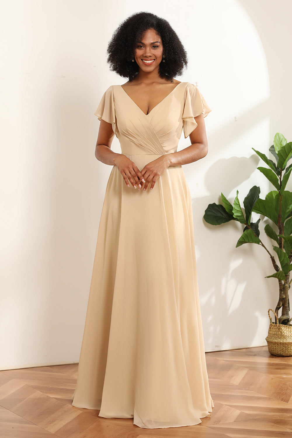 Champagne Cap Sleeves Long Chiffon Bridesmaid Dress