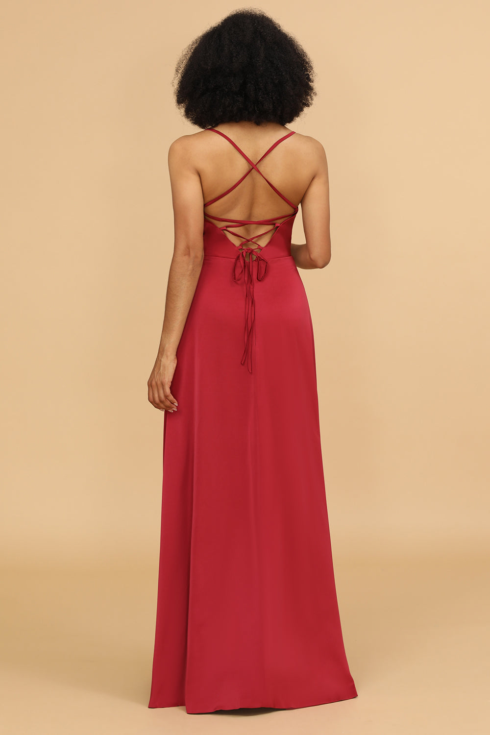 Spaghetti Straps Red Satin Bridesmaid Dress