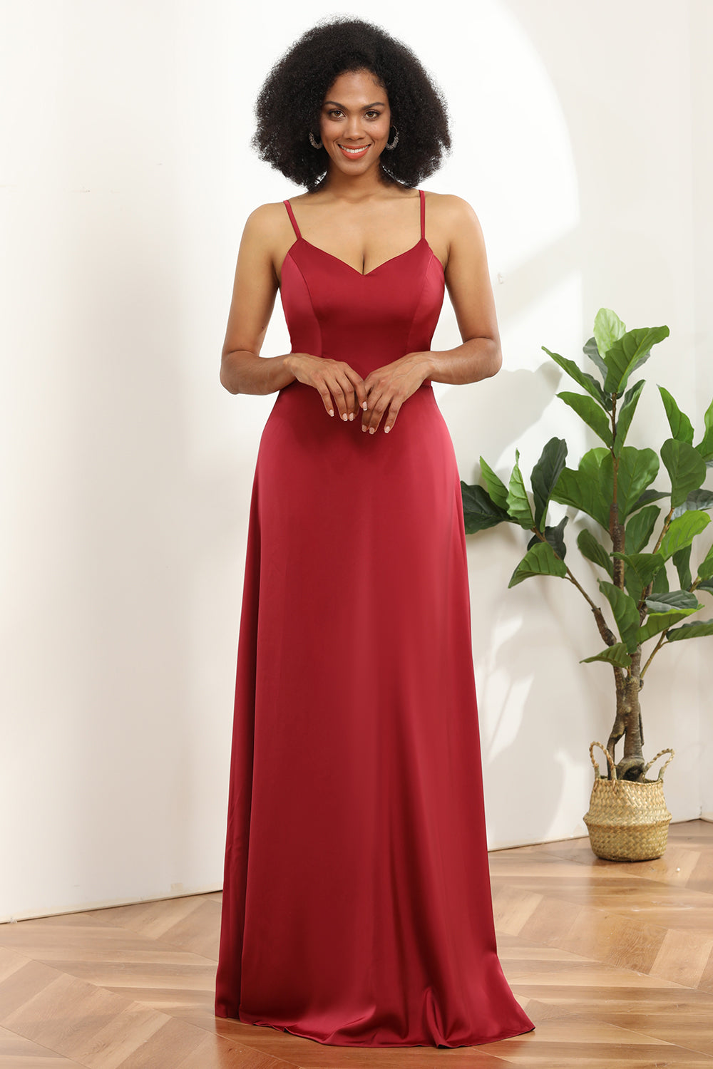 Spaghetti Straps Red Satin Bridesmaid Dress