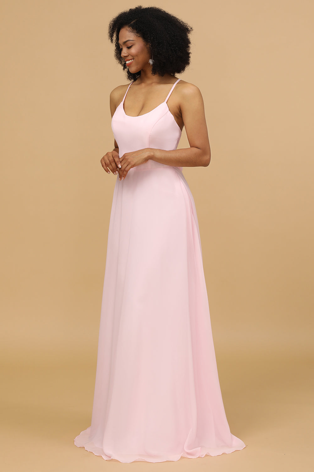 Spaghetti Straps Chiffon Pink Bridesmaid Dress