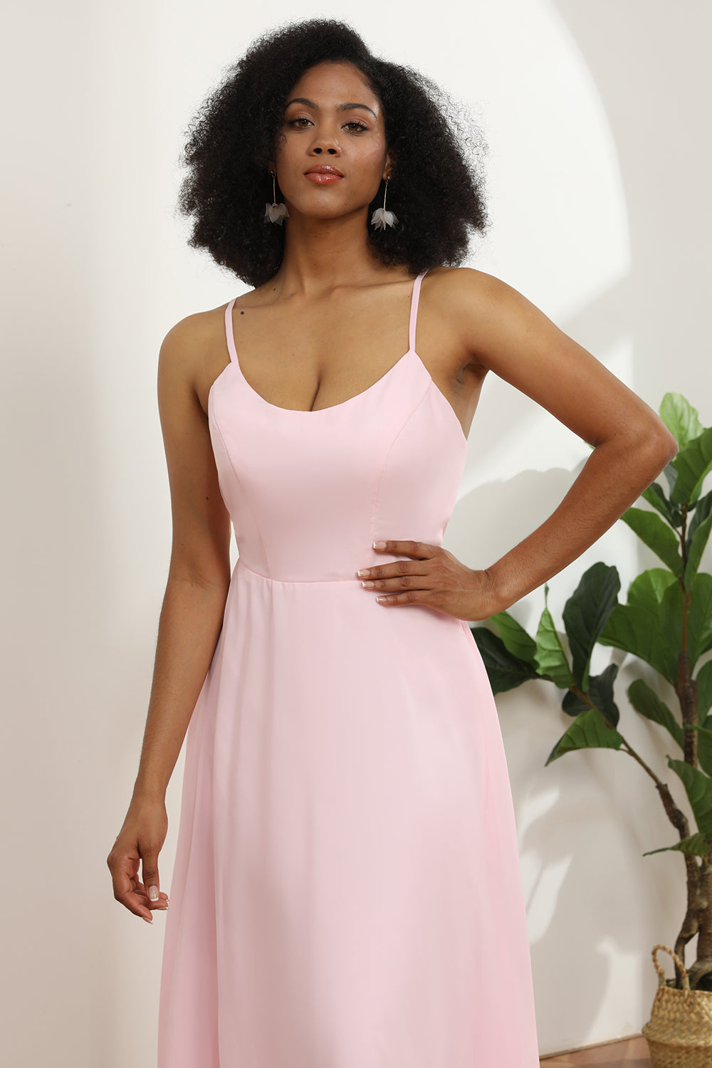 Spaghetti Straps Chiffon Pink Bridesmaid Dress