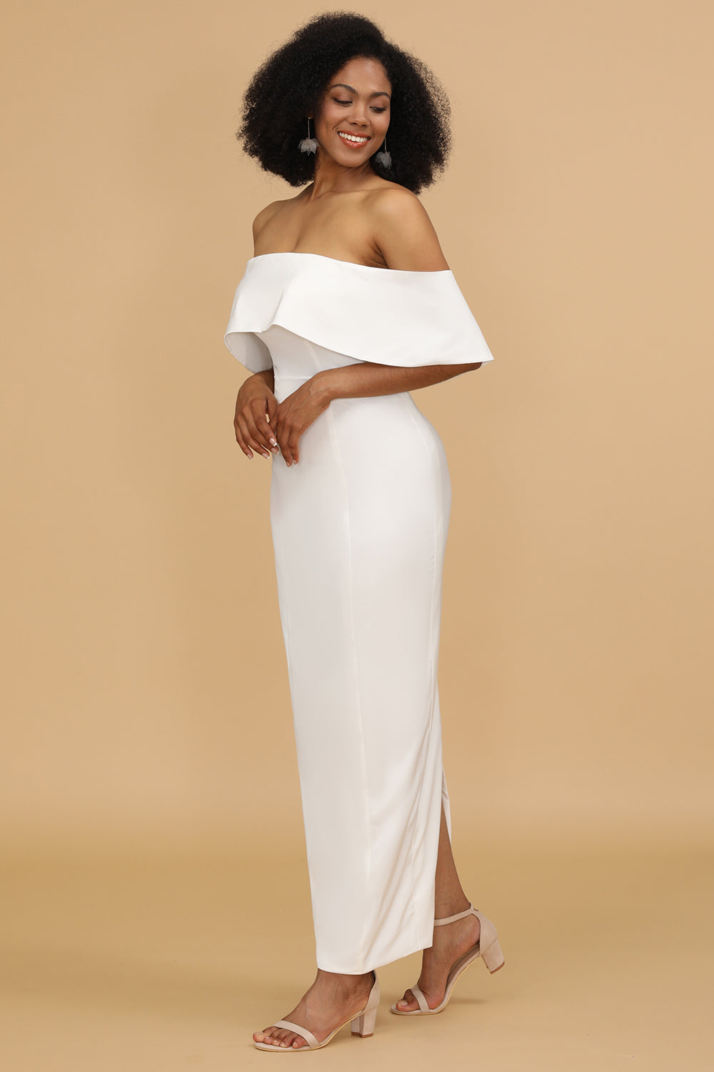 White Off the Shoulder Satin Bridesmaid Dress