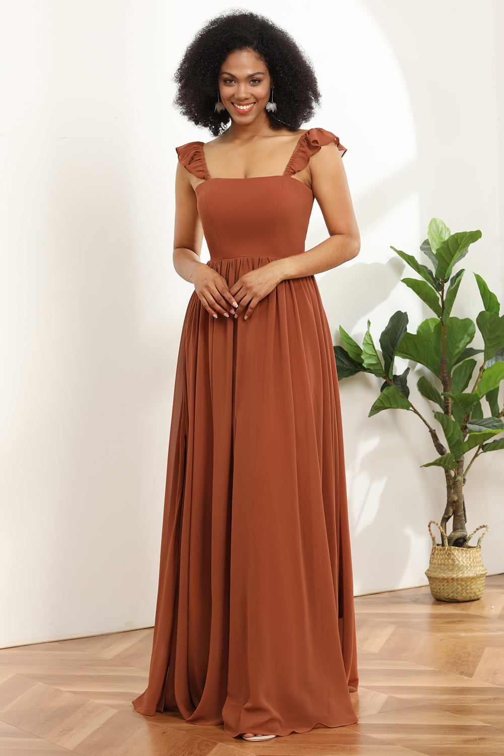 Terracotta A-line Straps Chiffon Bridesmaid Dress