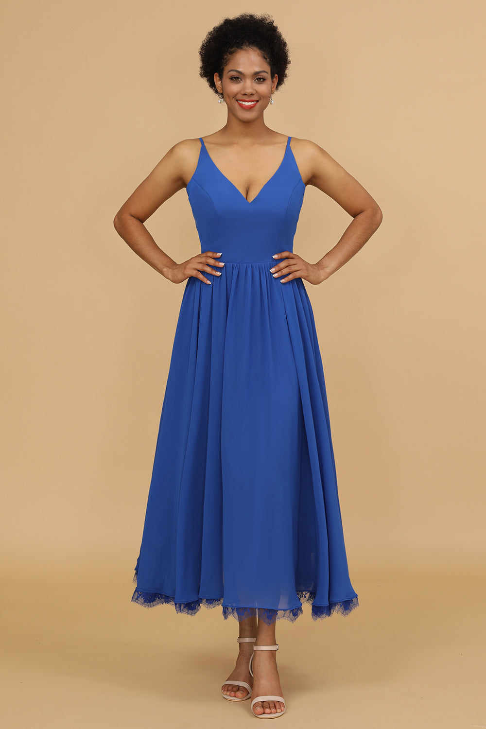 V-neck Royal Blue Ankle-Length Chiffon Bridesmaid Dress