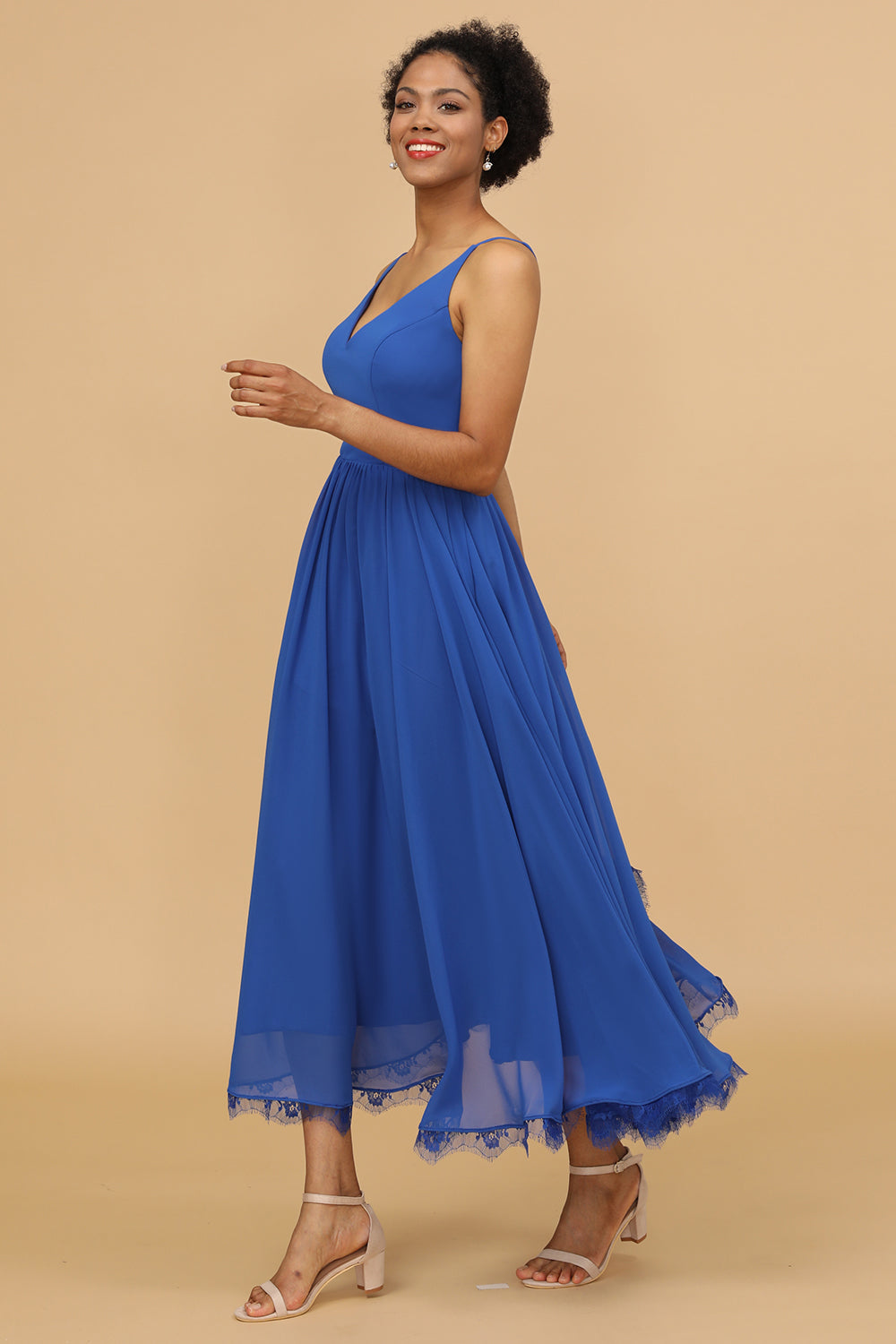 V-neck Royal Blue Ankle-Length Chiffon Bridesmaid Dress