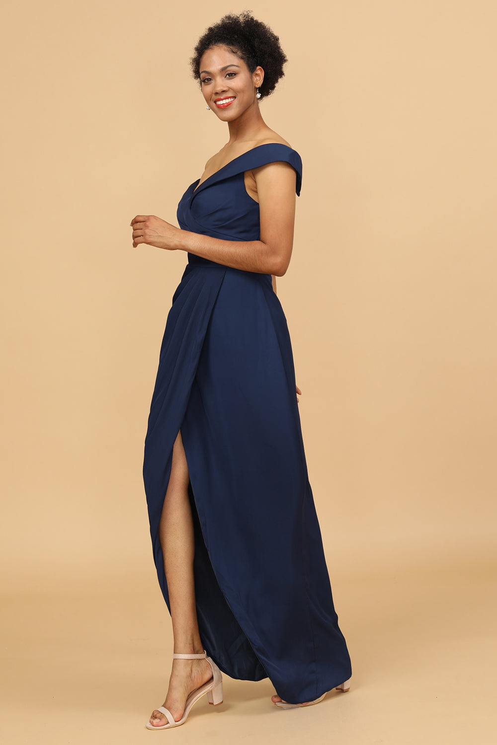 Off-the-Shoulder Navy Asymmetrical Satin Bridesmaid Dress