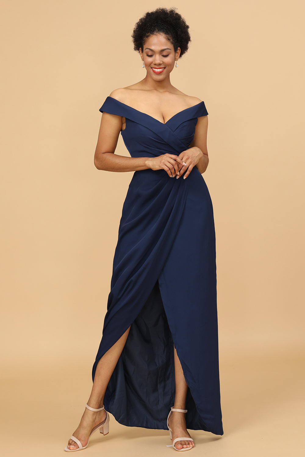 Off-the-Shoulder Navy Asymmetrical Satin Bridesmaid Dress