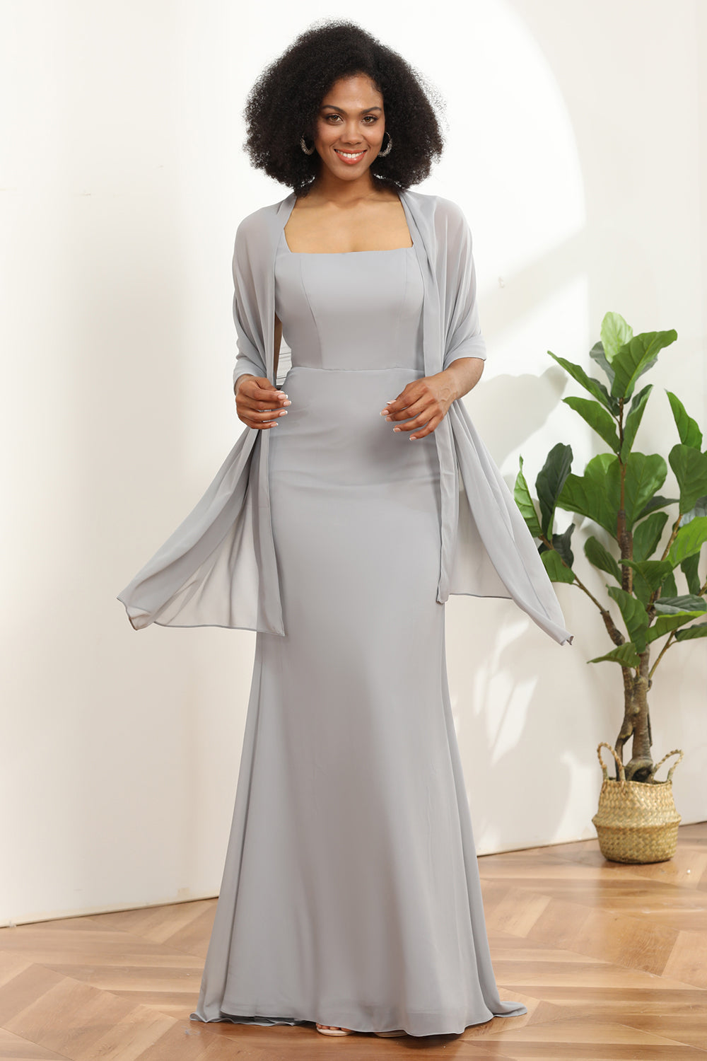 Grey Square Neck Mermaid Bridesmaid Dress with Cape