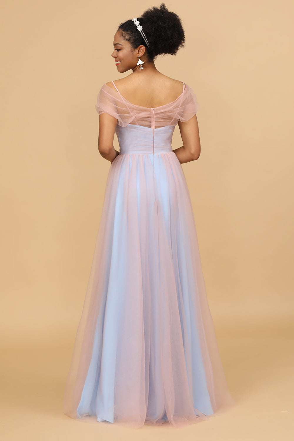 A Line Spaghetti Straps Pink&Blue Tulle Long Bridesmaid Dress